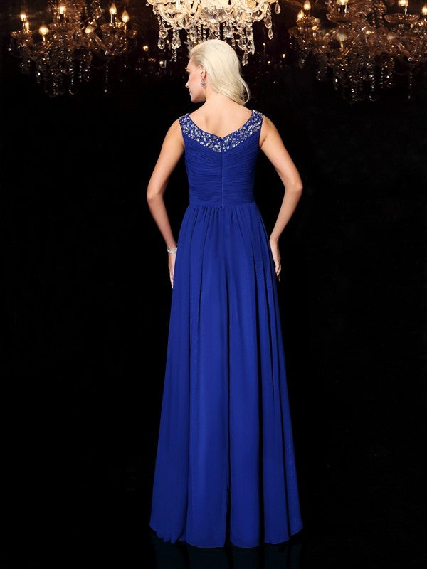Royal Blue Chiffon A-Line Boat Neck Floor-Length Bridesmaid Dress