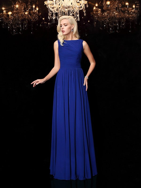 Royal Blue Chiffon A-Line Boat Neck Floor-Length Bridesmaid Dress