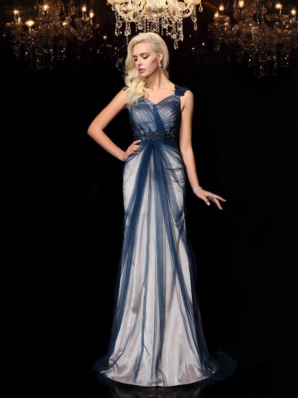 Dark Navy Chiffon V-Neck A-Line Floor-Length Gown