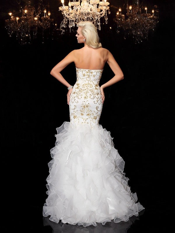 Vestidos largos de organza sin mangas con escote en forma de trompeta/sirena, escote en forma de corazón y cuentas