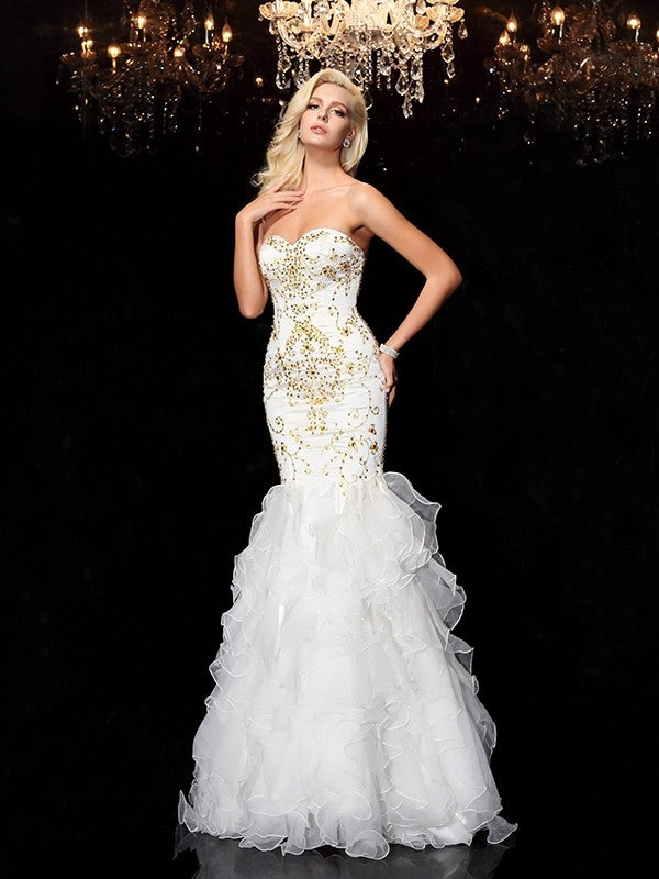 Vestidos largos de organza sin mangas con escote en forma de trompeta/sirena, escote en forma de corazón y cuentas