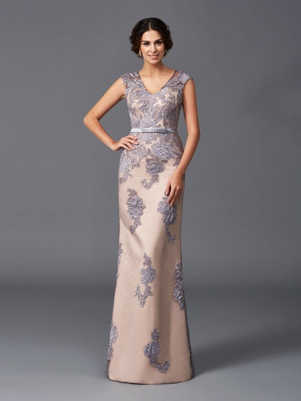 Blushing Pink Satin Lace V-Neck Sheath/column Floor-Length Dress