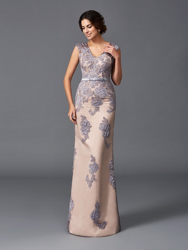 Blushing Pink Satin Lace V-Neck Sheath/column Floor-Length Dress