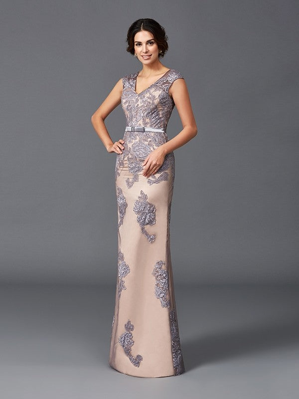 Blushing Pink Satin Lace V-Neck Sheath/column Floor-Length Dress