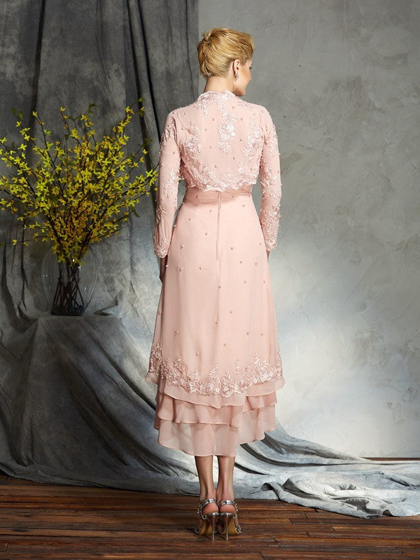 Vestidos de madre de la novia de gasa, cortos, sin mangas, con apliques, corte A/princesa y sin tirantes