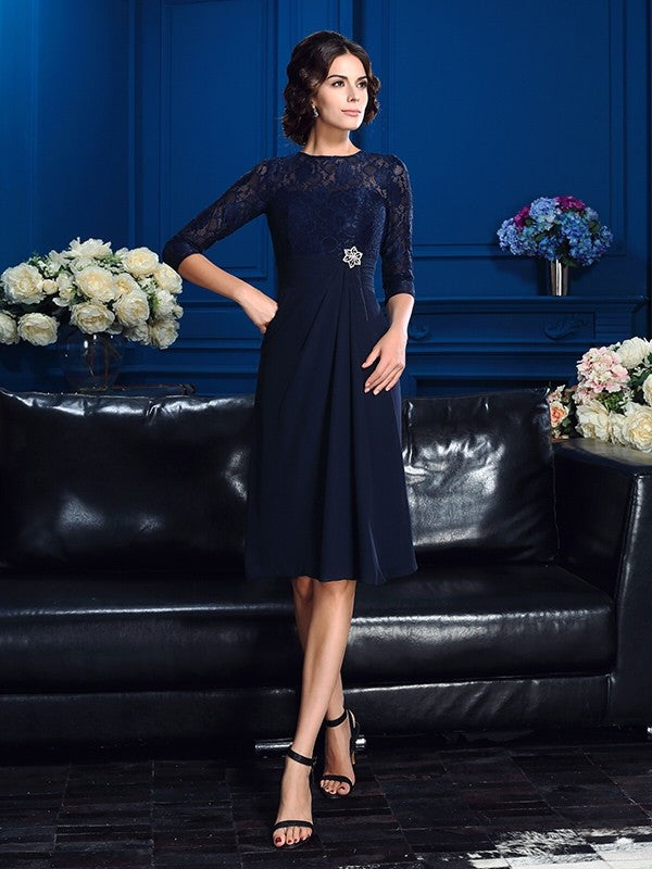 Vestidos de gasa cortos para madre de la novia, corte A/princesa, con encaje joya, mangas 3/4