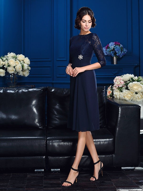 Vestidos de gasa cortos para madre de la novia, corte A/princesa, con encaje joya, mangas 3/4