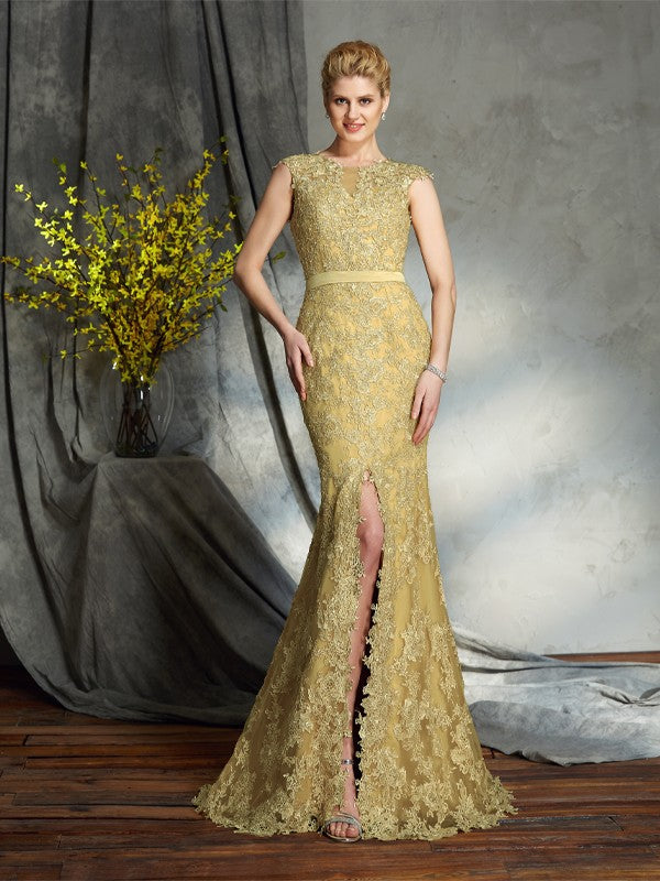 Vestidos de madre de la novia de encaje largo sin mangas con escote redondo/sirena y corte trompeta