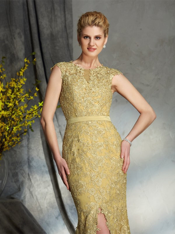 Vestidos de madre de la novia de encaje largo sin mangas con escote redondo/sirena y corte trompeta