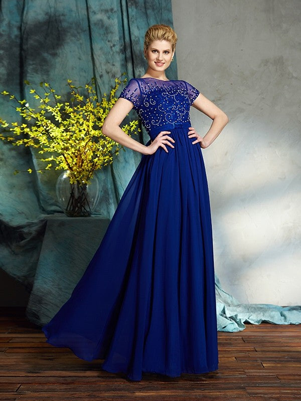 Vestidos de gasa largos para madre de la novia, corte A/princesa, escote redondo, mangas cortas y abalorios