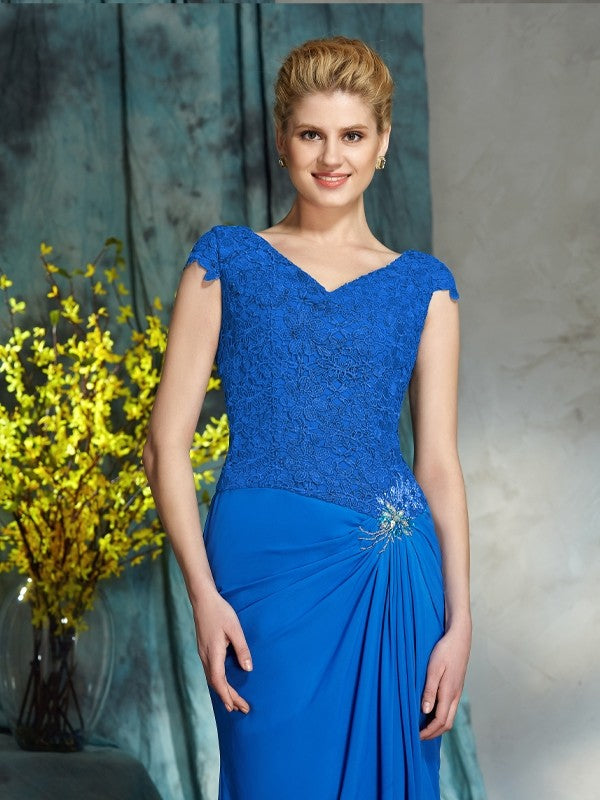 Vestidos de Madre de la Novia de Gasa con Mangas Cortas y Escote en V y Encaje