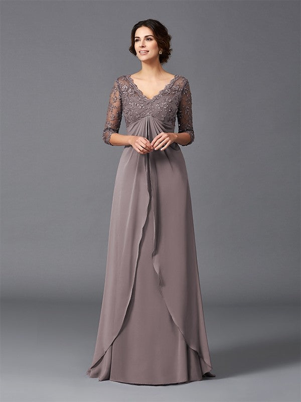 Vestidos de madre de la novia de gasa larga con escote en V, corte A/princesa, encaje y mangas 3/4