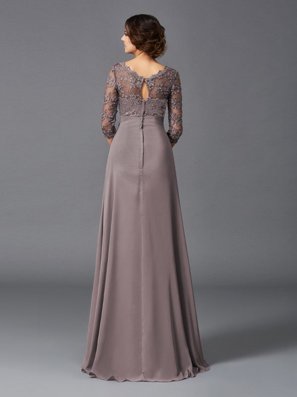 Vestidos de madre de la novia de gasa larga con escote en V, corte A/princesa, encaje y mangas 3/4