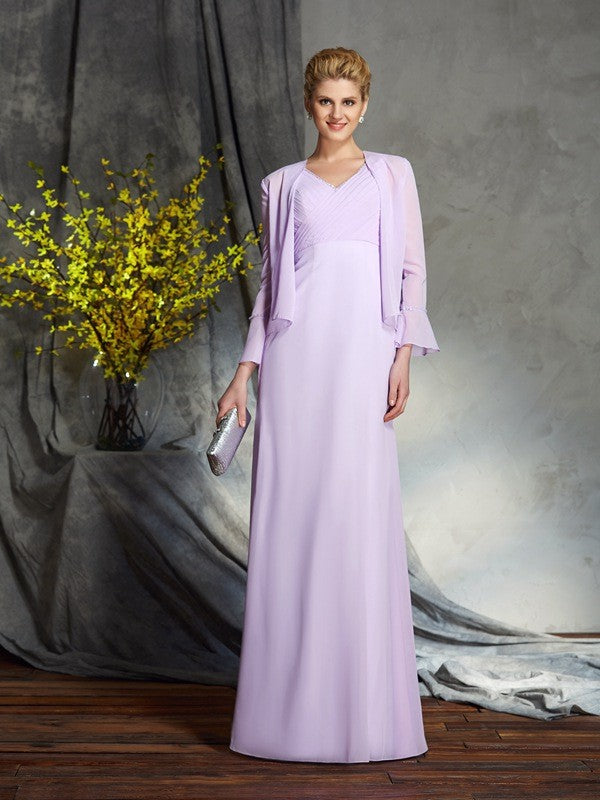 Vestidos de madre de la novia de gasa larga, sin mangas, con escote en V y apliques, con corte tubo/columna