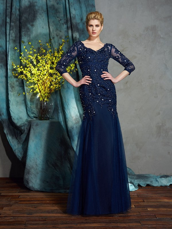 Vestido de madre de la novia con escote en V, apliques, mangas 3/4 y red larga