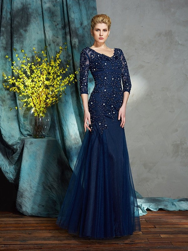 Vestido de madre de la novia con escote en V, apliques, mangas 3/4 y red larga