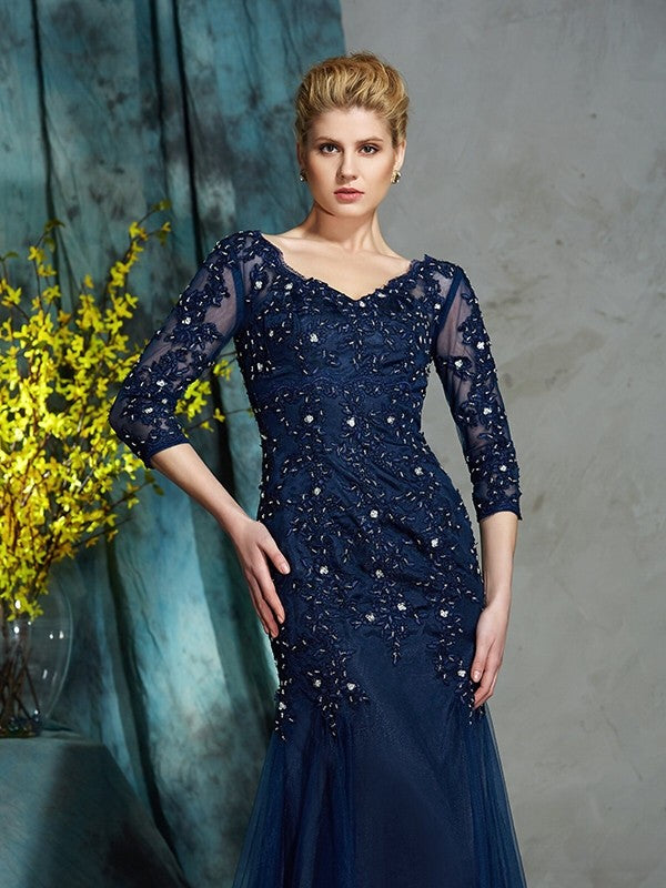 Vestido de madre de la novia con escote en V, apliques, mangas 3/4 y red larga