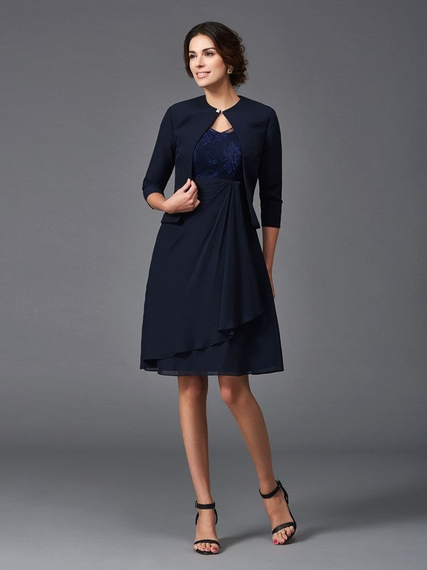 Vestidos de madre de la novia de gasa, corte A/princesa, escote en V, encaje, mangas 1/2, cortos