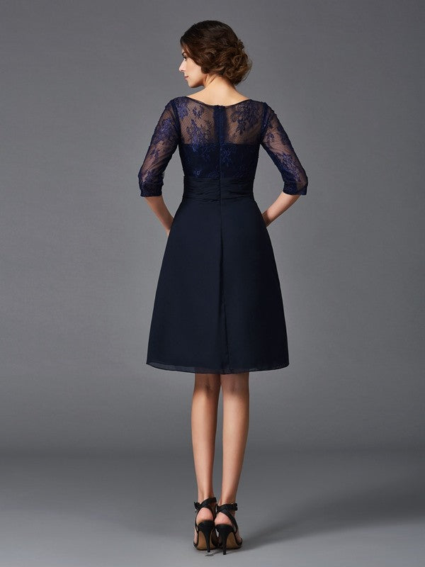 Vestidos de madre de la novia de gasa, corte A/princesa, escote en V, encaje, mangas 1/2, cortos