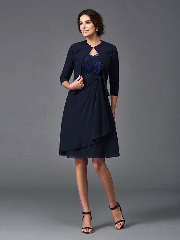 Vestidos de madre de la novia de gasa, corte A/princesa, escote en V, encaje, mangas 1/2, cortos