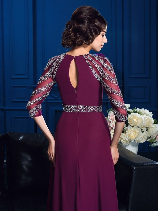 Vestidos largos de gasa para madre de la novia, corte A/princesa, escote redondo, mangas 3/4 y cuentas