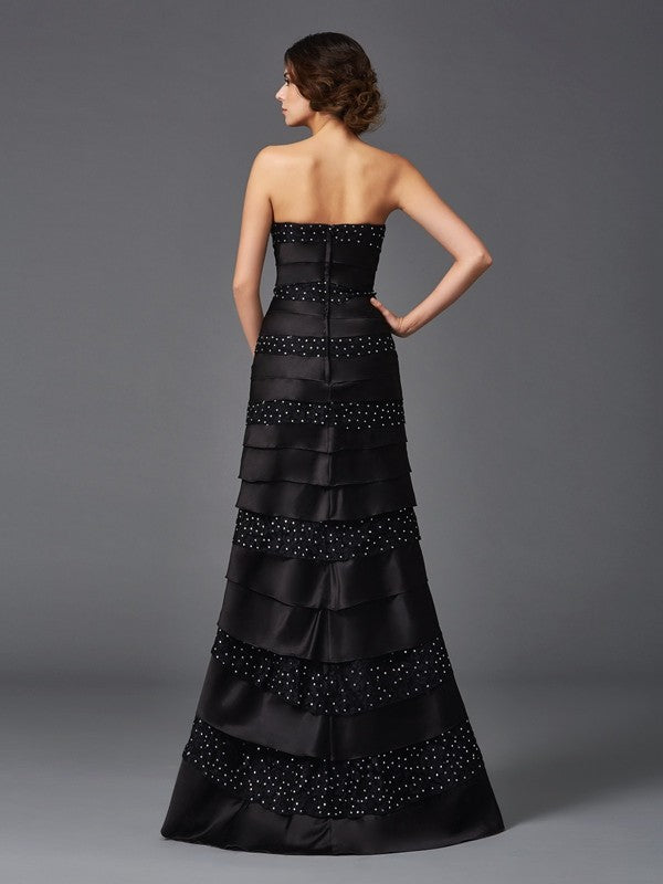 Vestidos de Madre de la Novia Largos de Satén Sin Mangas con Cuentas y Corte en Tubo/Columna