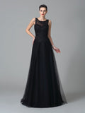 Black Beaded Tulle A-Line Floor-Length Evening Dress