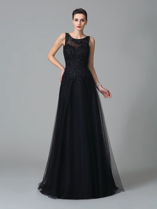 Black Beaded Tulle A-Line Floor-Length Evening Dress