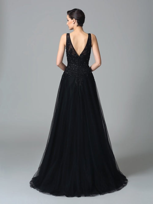 Black Beaded Tulle A-Line Floor-Length Evening Dress