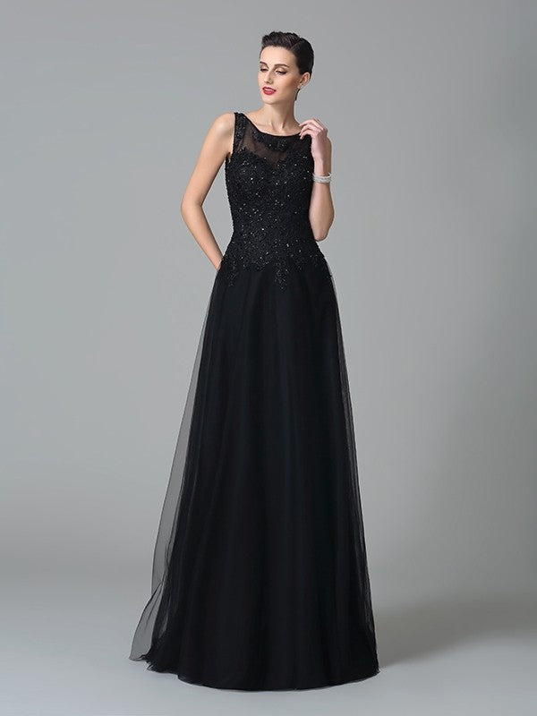 Black Beaded Tulle A-Line Floor-Length Evening Dress