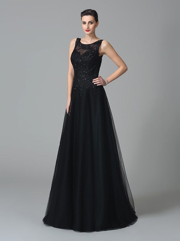 Black Beaded Tulle A-Line Floor-Length Evening Dress