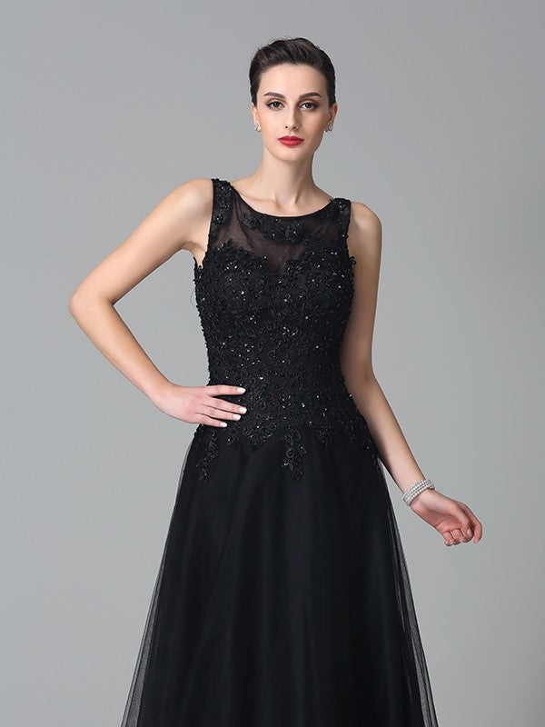 Black Beaded Tulle A-Line Floor-Length Evening Dress
