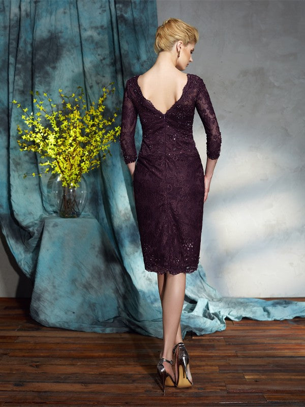 Vestidos cortos de encaje con mangas 3/4 y corte tubo/columna para madre de la novia