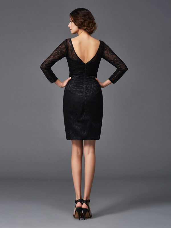 Vestidos de Madre de la Novia Cortos de Satén Tejido con Encaje, Mangas Largas y Escote en V