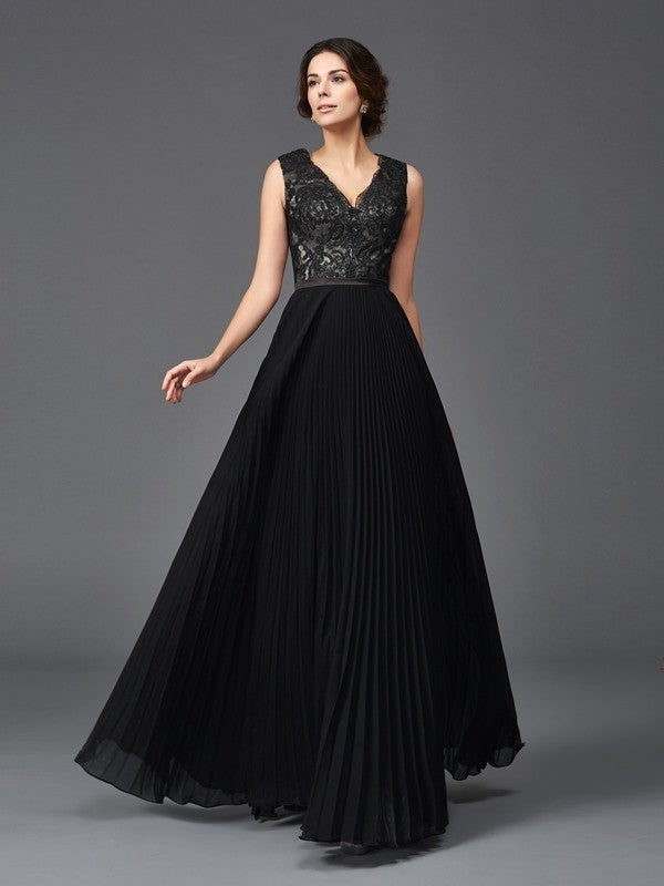 Black Chiffon A-Line Floor-Length Evening Dress - V-Neck Lace Bodice & Pleated Skirt