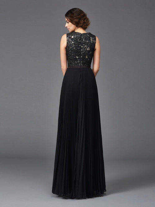 Black Chiffon A-Line Floor-Length Evening Dress - V-Neck Lace Bodice & Pleated Skirt