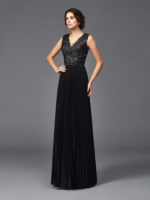 Black Chiffon A-Line Floor-Length Evening Dress - V-Neck Lace Bodice & Pleated Skirt