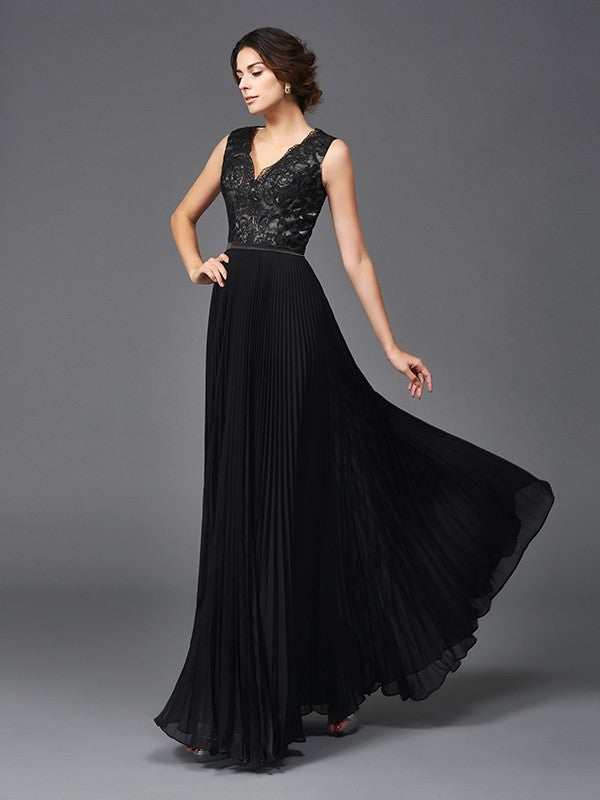 Black Chiffon A-Line Floor-Length Evening Dress - V-Neck Lace Bodice & Pleated Skirt
