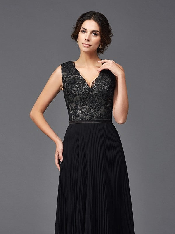 Black Chiffon A-Line Floor-Length Evening Dress - V-Neck Lace Bodice & Pleated Skirt