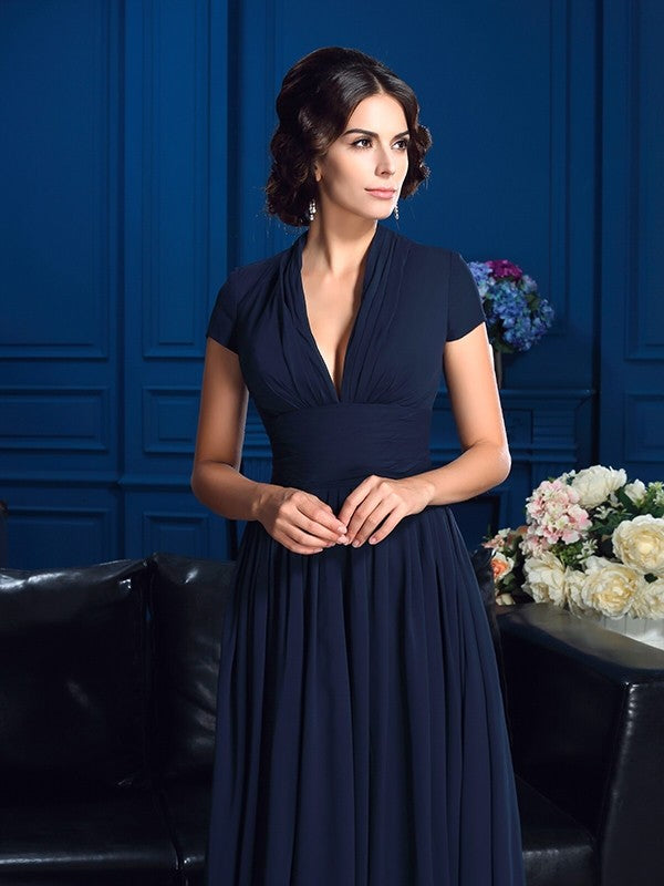 Vestidos de gasa largos para madre de la novia, corte A/princesa, escote en V, apliques, mangas cortas