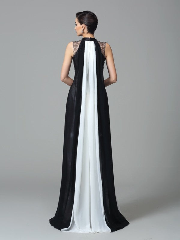 Abiti lunghi in chiffon senza maniche con scollo a V e pieghe a tubino/colonna