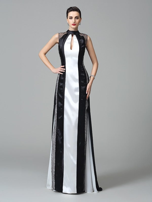 Black Satin High Neck Sheath/column Floor-Length Dress
