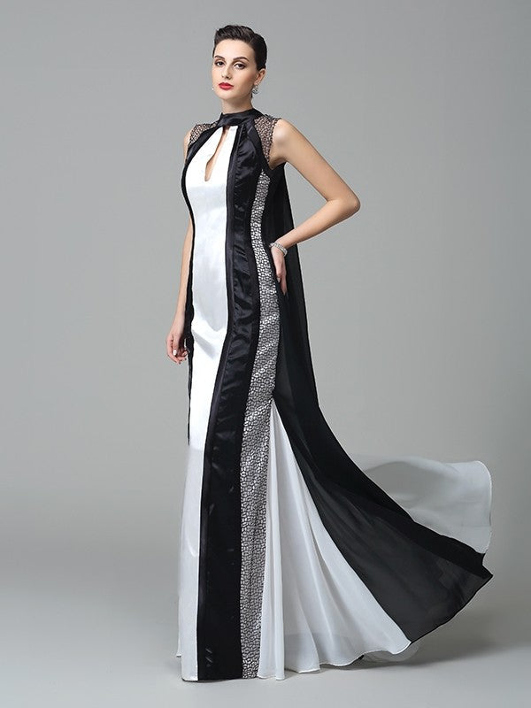 Abiti lunghi in chiffon senza maniche con scollo a V e pieghe a tubino/colonna