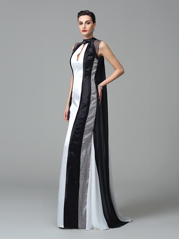 Abiti lunghi in chiffon senza maniche con scollo a V e pieghe a tubino/colonna