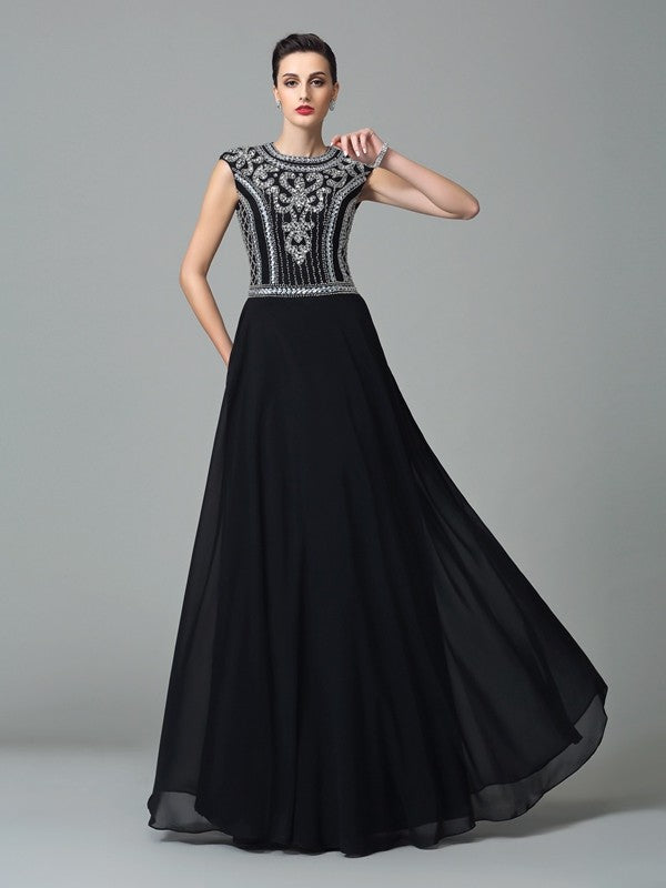 Abiti lunghi in chiffon a maniche corte con perline gioiello/linea ad A/principessa