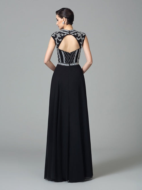 Black Beaded Bodice A-Line Floor-Length Evening Dress