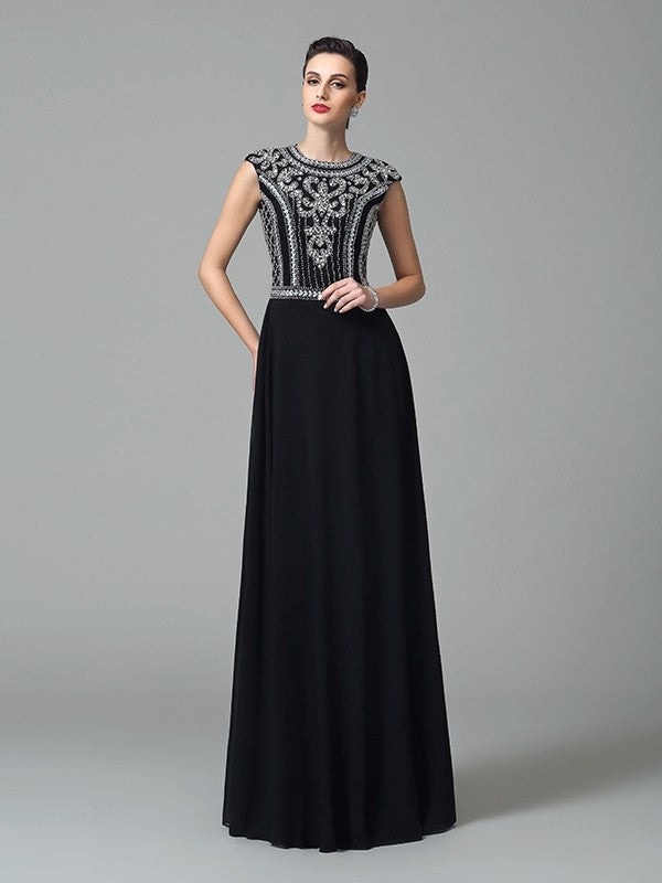 Abiti lunghi in chiffon a maniche corte con perline gioiello/linea ad A/principessa