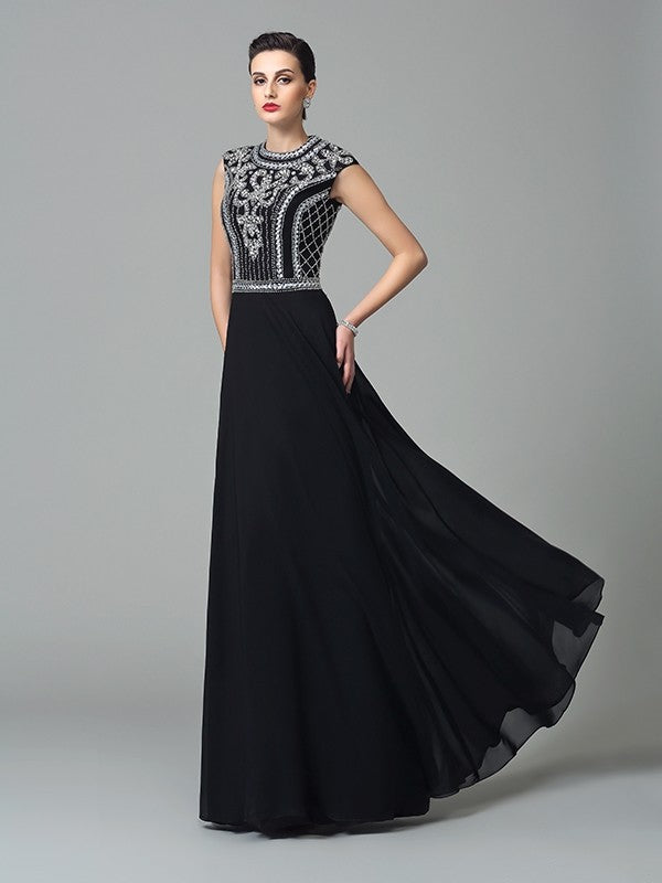 Abiti lunghi in chiffon a maniche corte con perline gioiello/linea ad A/principessa