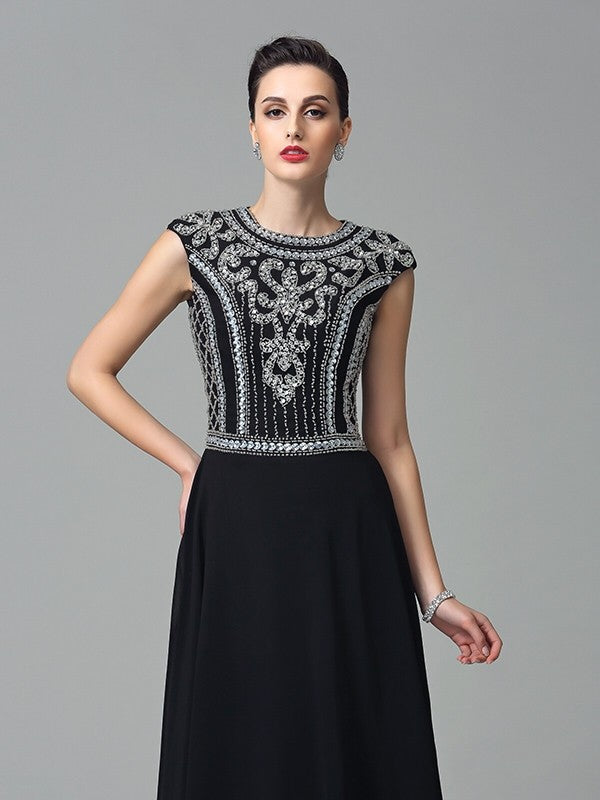 Vestidos largos de gasa de manga corta con cuentas y corte princesa/corte A