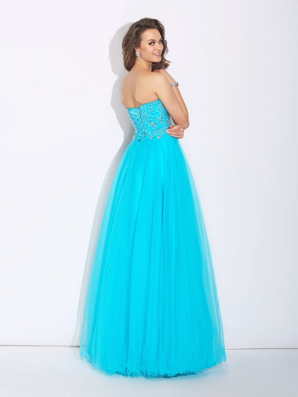 Blue Tulle A-Line Sweetheart Floor-Length Embellished Bodice Dress